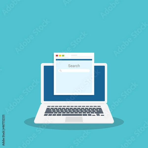 Obraz Laptop computer, browser window and ranking sites in search results of web search engine. Search engine. Vector illustration