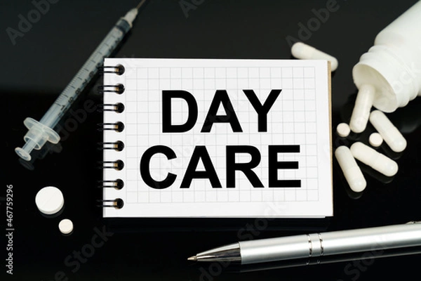 Fototapeta On the black surface are pills, a syringe and a notebook with the inscription - day care