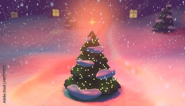 Fototapeta 3D illustration of a Christmas Tree against the background of a snowy landscape and snowfall