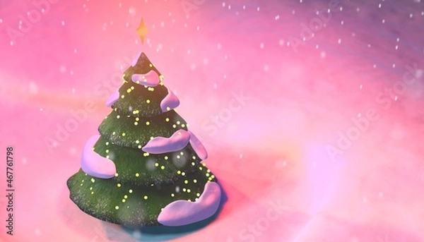 Fototapeta 3D illustration of a Christmas Tree against the background of a snowy landscape and snowfall