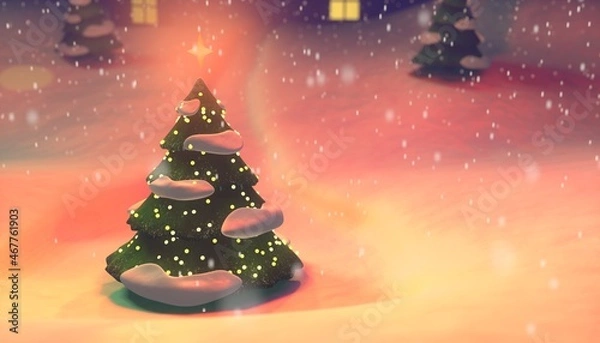 Fototapeta 3D illustration of a Christmas Tree against the background of a snowy landscape and snowfall