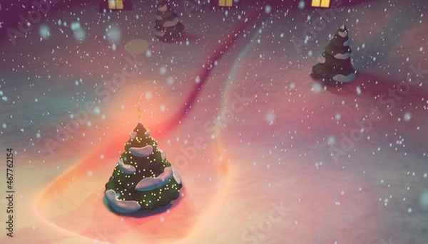 Fototapeta 3D illustration of a Christmas Tree against the background of a snowy landscape and snowfall