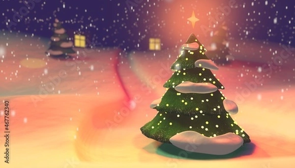 Fototapeta 3D illustration of a Christmas Tree against the background of a snowy landscape and snowfall