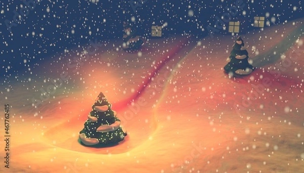 Fototapeta 3D illustration of a Christmas Tree against the background of a snowy landscape and snowfall