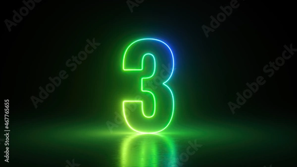 Fototapeta 3d render, number three glowing in the dark with green blue neon light. The third place concept