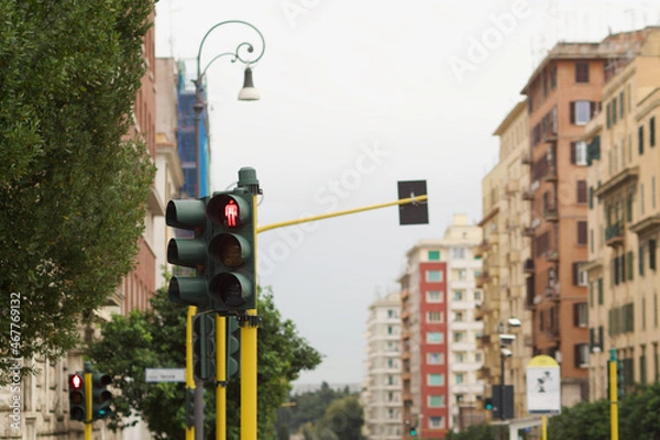 Fototapeta pedestrian traffic light with red light on to indicate stop