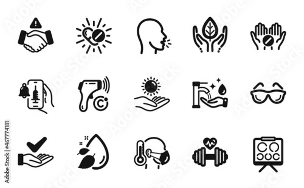 Fototapeta Vector set of Dont handshake, Washing hands and Dermatologically tested icons simple set. Cough, Eyeglasses and Fair trade icons. Vision board, Vaccine announcement and Dumbbell signs. Vector