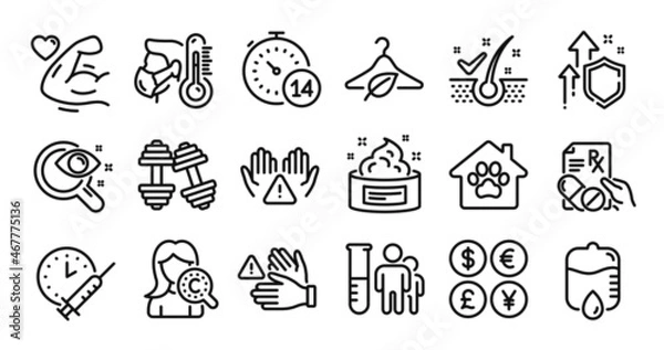 Fototapeta Anti-dandruff flakes, Prescription drugs and Drop counter line icons set. Secure shield and Money currency exchange. Skin cream, Clean hands and Strong arm icons. Vector