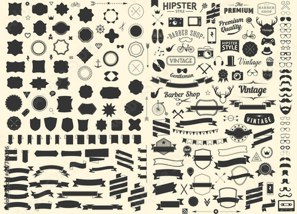Obraz Set vintage design hipster icons, signs symbols templates set phone, gadgets, mustache, ribbons infographcs. Frames. Tags. Scroll Clip Art. Mailbox Monogram. Monogram Frame. Basic Shapes. Banners