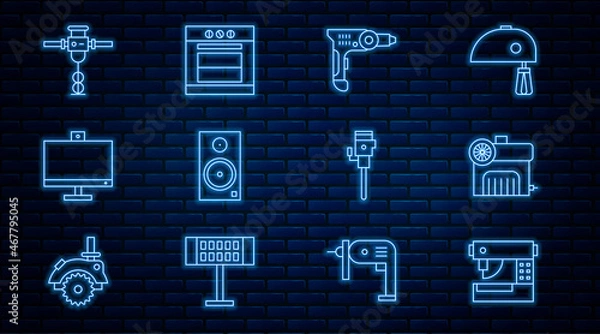 Fototapeta Set line Sewing machine, Air compressor, Electric drill, Stereo speaker, Computer monitor, Construction jackhammer, and Oven icon. Vector