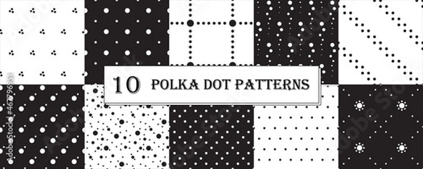 Fototapeta Seamless vector pattern set. Collection of geometrical designs for backgrounds and fabric. Monochrome polka dot. Black and white ornaments.