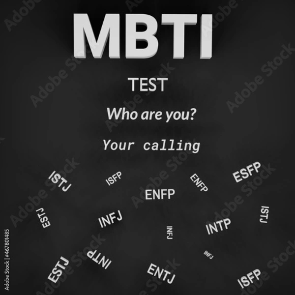 Fototapeta MBTI test. White letters are isolated on a black background. 3D render.