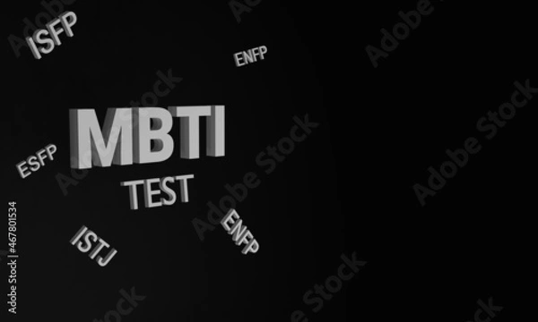 Fototapeta MBTI test. White letters are isolated on a black background. 3D render.