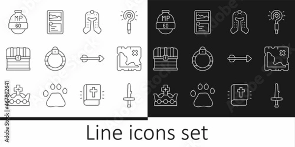 Fototapeta Set line Dagger, Pirate treasure map, Medieval helmet, Magic stone ring, Chest, Video game bar, Arrow and Card collection icon. Vector