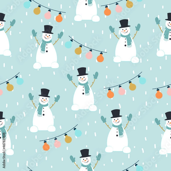 Fototapeta Seamless pattern with snowman. Suitable for paper, fabric, wallpaper, background, poster. Vector graphics. 