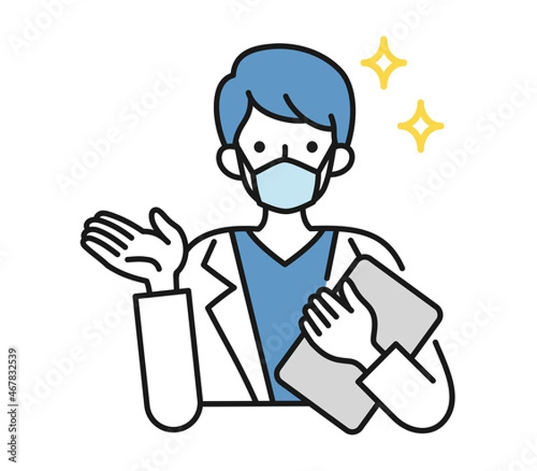 Fototapeta 案内や説明をする白衣を着てマスクをした男性の看護師/医師のイラスト素材