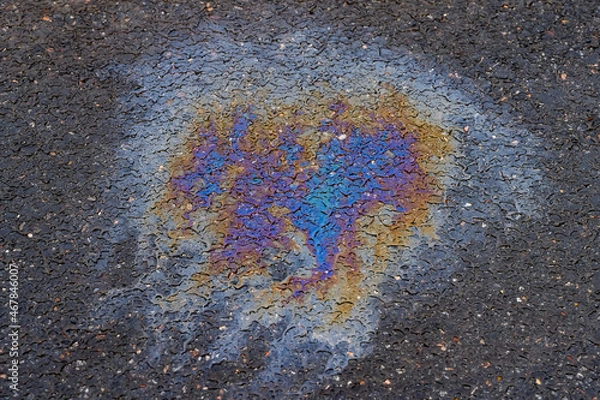 Fototapeta Rainbow stain on wet asphalt from machine oil closeup background