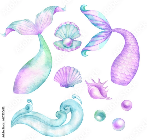 Obraz Watercolor mermaid tails waves seashell pearl