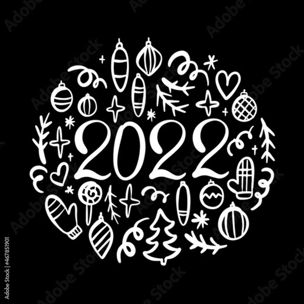 Fototapeta 2022 CHRISTMAS PRINT Doodle Symbols Decoration Greeting Card New Year Winter Holiday With Text White On Black Background Cartoon Vector Illustration Set