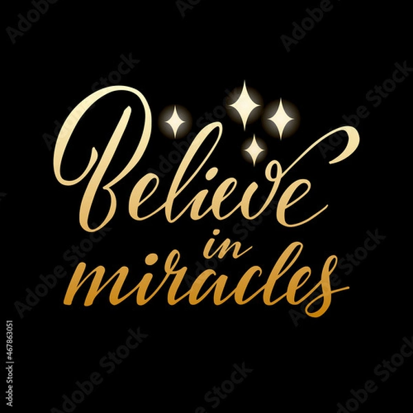 Fototapeta Vector illustration of believe in miracles lettering for banner, advertisement, postcard, poster, product design. Handwritten creative text for st valentine day or romantic present for web or print
