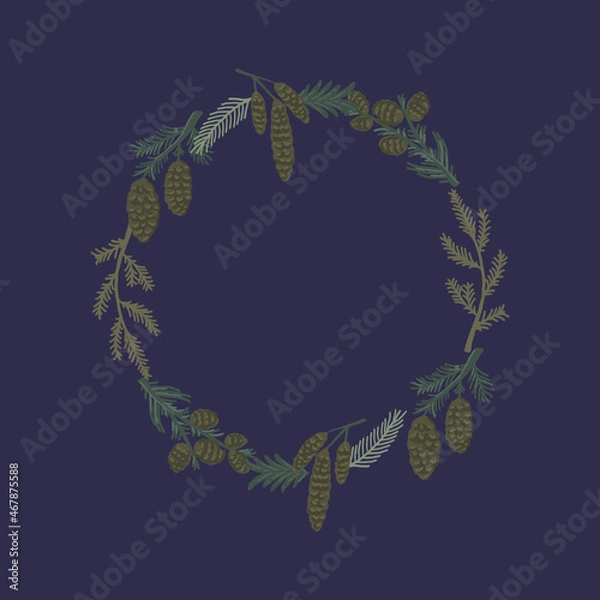 Fototapeta Beautiful, botanical Christmas wreath made of winter plants, branches and flowers vector decoration