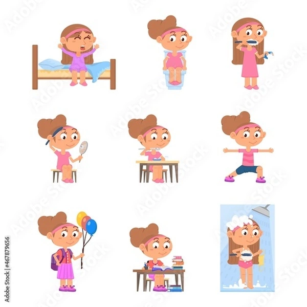 Fototapeta Girl daily routine. Cute child active day, school lifestyle. Baby wake up and morning bath hygiene. Preschool female kid schedule decent vector set