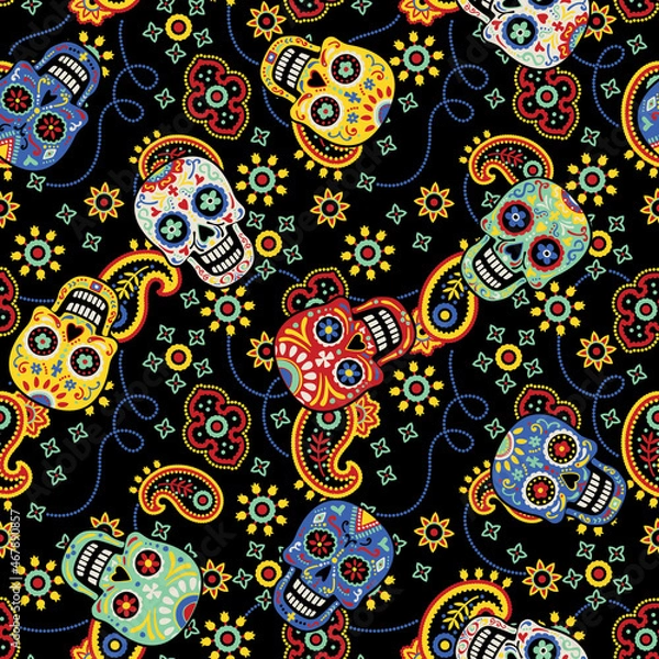 Fototapeta Cute day of the dead skulls with bandana paisley background vector seamless pattern