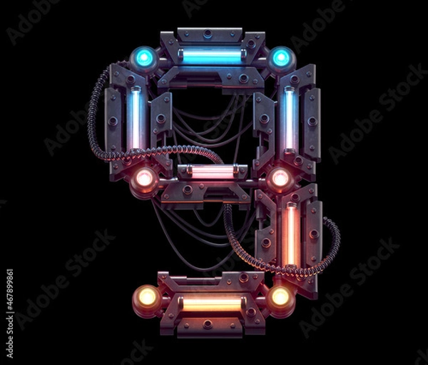 Obraz Futuristic metal font. Light neon. Number 9.