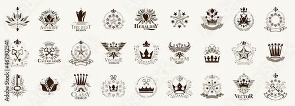 Obraz Crowns and stars vintage heraldic emblems vector big set, antique heraldry symbolic badges and awards collection with coronets, classic style design elements, family emblems.