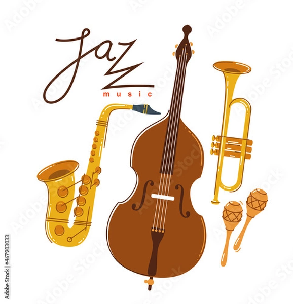 Fototapeta Jazz music band poster vector flat illustration, live sound festival or concert advertising flyer or banner, play different instruments orchestra.