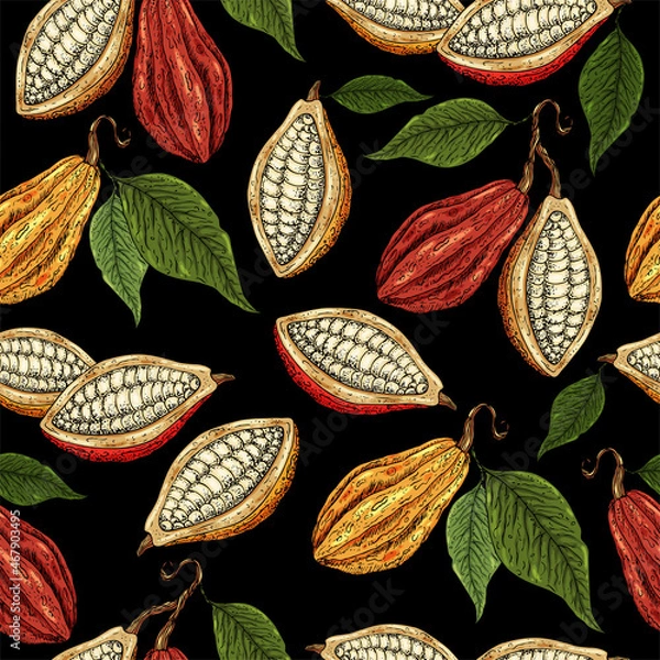 Obraz Cocoa pattern. Organic healthy food background. Cocoa beans print. Hand drawn cacao branch with fruits. Great for textie, fabric, banner. Cocoa beans, leaves, seeds, cocoa texture. Superfood cacao.
