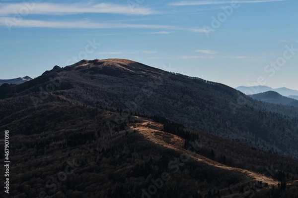 Fototapeta Silhouettes of mountains and dark forest in background. Wildlife untouched by man is beautiful. Beautiful view of mountain landscape and autumn valley in national park.