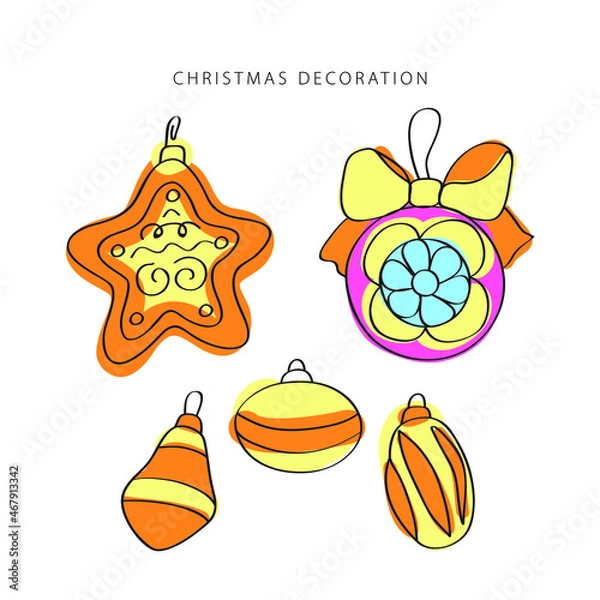 Obraz Christmas decoration line vector. Isolated icon set. Outline symbol collection. Vintage background.  Traditional holiday symbol.
