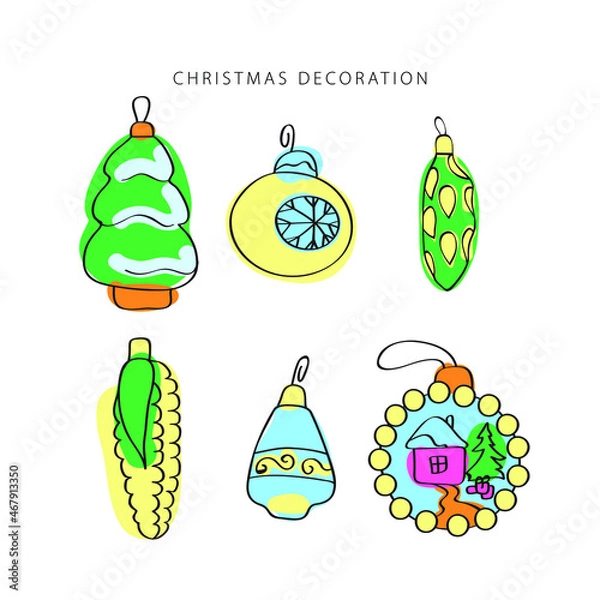 Obraz Christmas decoration line vector. Isolated icon set. Outline symbol collection. Vintage background.  Traditional holiday symbol.