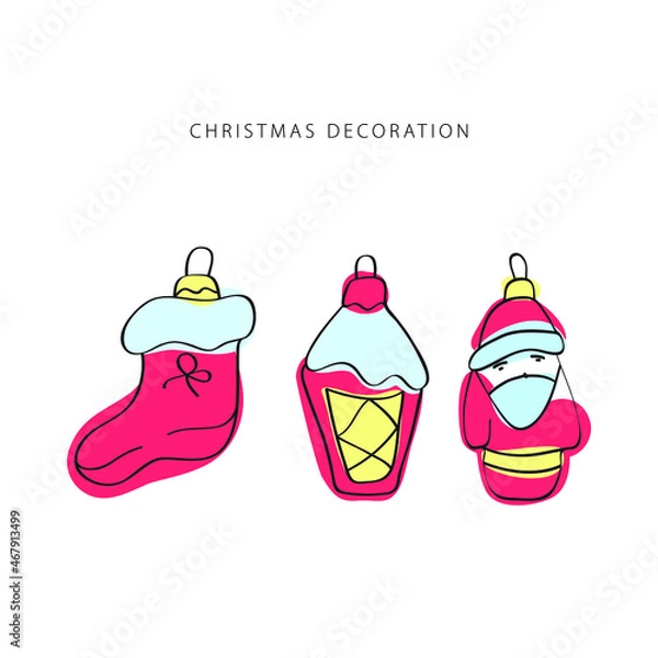 Obraz Christmas decoration line vector. Isolated icon set. Outline symbol collection. Vintage background.  Traditional holiday symbol.