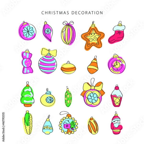 Obraz Christmas decoration line vector. Isolated icon set. Outline symbol collection. Vintage background.  Traditional holiday symbol.