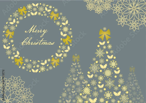 Fototapeta イラスト素材：クリスマスリースとツリーでできたメッセージカード風フレーム