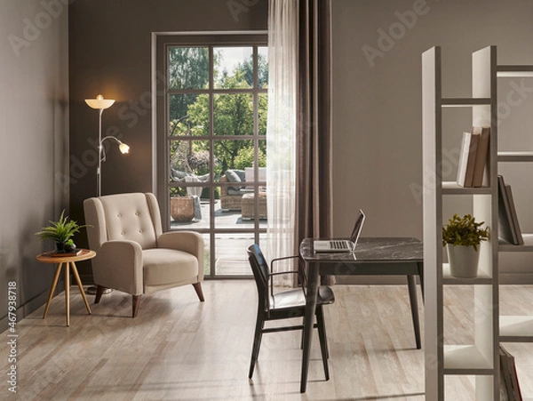 Fototapeta Grey wall background with window curtain and vase of plant, frame, lamp decoration with armchair style.