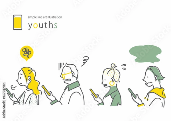 Fototapeta スマホに不満な若者4人セット　シンプルでお洒落な線画イラスト