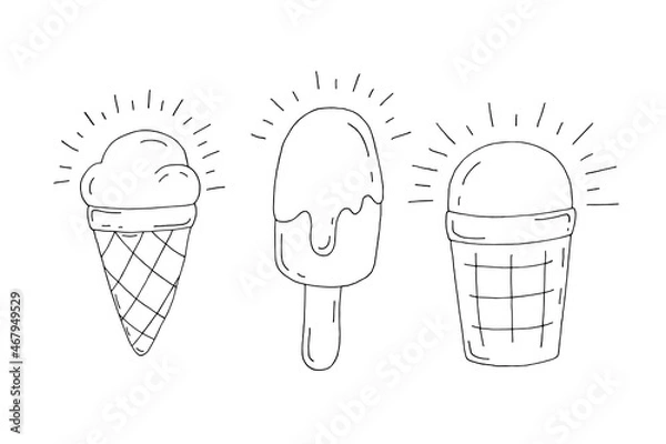 Fototapeta Ice cream. Popsicle, waffle cone and waffle cup. Cold delicacy. Dessert. Vector. Doodle. Drawn by hand. Sketch. Silhouette. Black and white. Contour. Coloring.