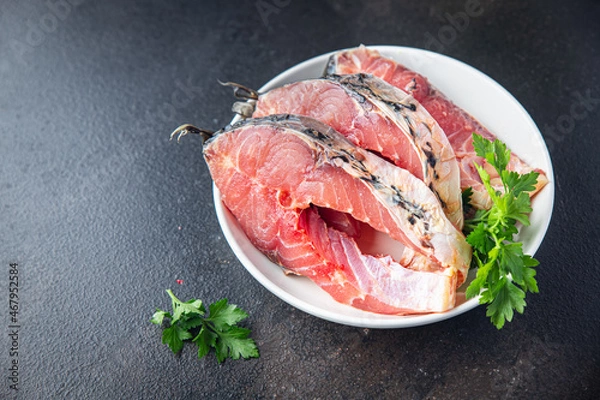 Fototapeta raw fish steak white fish seafood meal snack on the table copy space food background rustic. top view vegetarian food no meat pescetarian diet