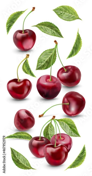 Obraz Realistic cherry with fresh leaves, red juicy on a white background for design.