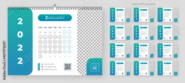 Fototapeta 2022 calendar with simple design. vector of calender 2022.corporate desk calendar ready to print. week start on monday. sunday as weekend. good for daily log, business, timetable, planner, etc.