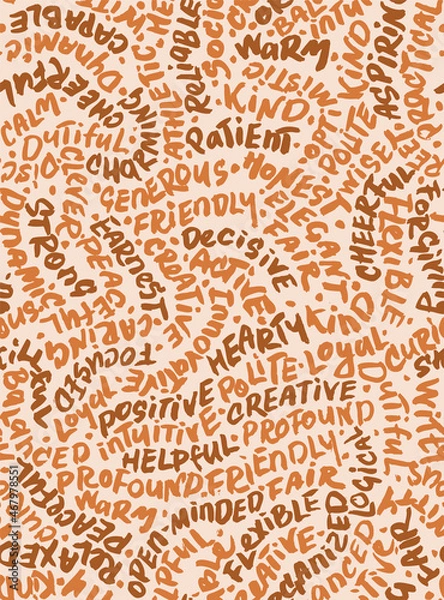 Fototapeta Positive Vibes Hand Drawn Vector Seamless Pattern. 1970s Hippies Beige Calligraphy Hand Drawn with a Brush. List of Positive Traits Arranged to Form a Puzzle. 