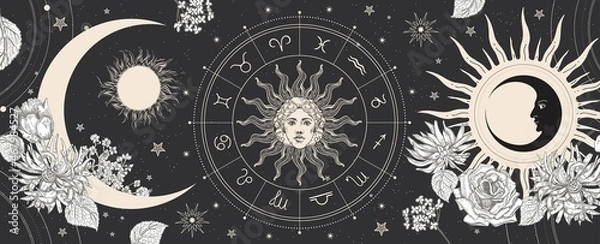 Fototapeta Black magic banner for astrology, fortune telling, horoscopes. Space background.