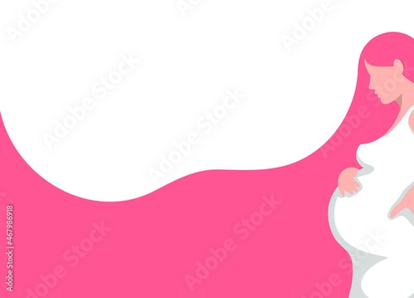 Fototapeta White and pink background, young pregnant woman with a big belly. Concept: site for pregnant women and mothers. Vector illustration, flat cartoon minimal design isolated on white background, eps 10.
