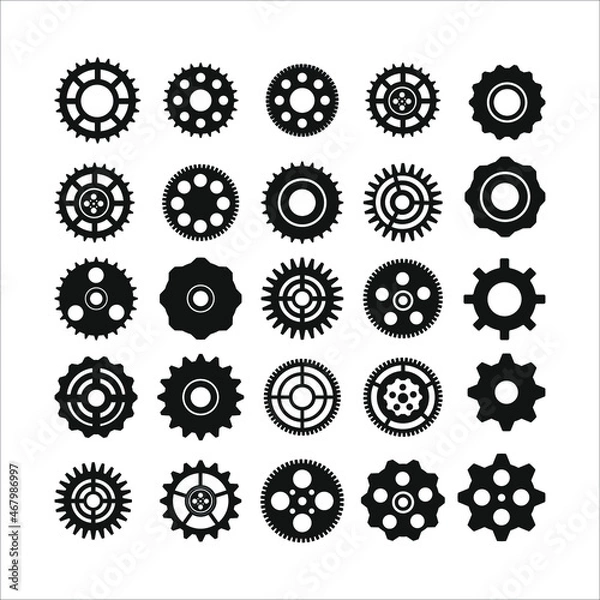 Obraz Big set of different gears, black color, flat minimal design, top view, isolated on white background. Vector illustration, eps 10.