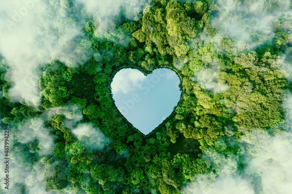 Fototapeta A heart-shaped lake in the middle of untouched nature - a concept illustrating the issues of nature conservation, bio-products and the protection of forests and woodlands in general. 3d rendering.