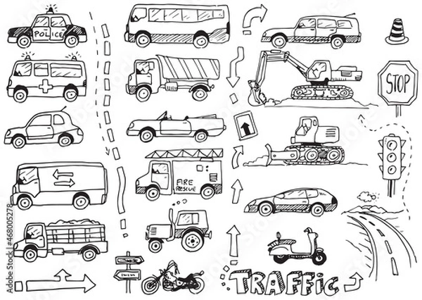 Obraz Traffic vector hand drawn doodles set