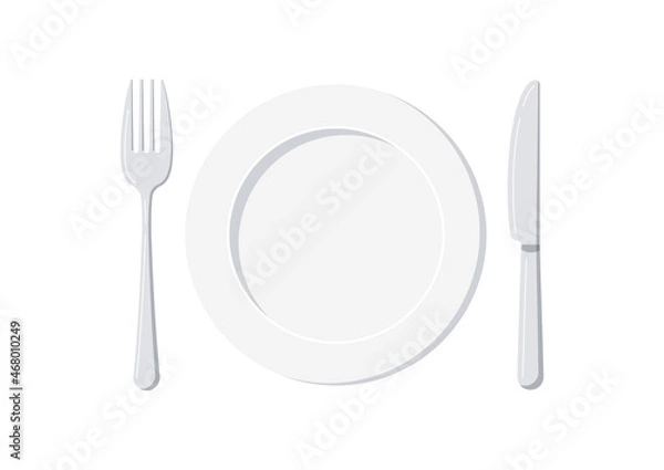 Obraz Empty plate with knife and fork set isolated on a white background. Top view silver cutlery and white ceramic serving plate for food design template. Vector flat design cartoon style illustration.